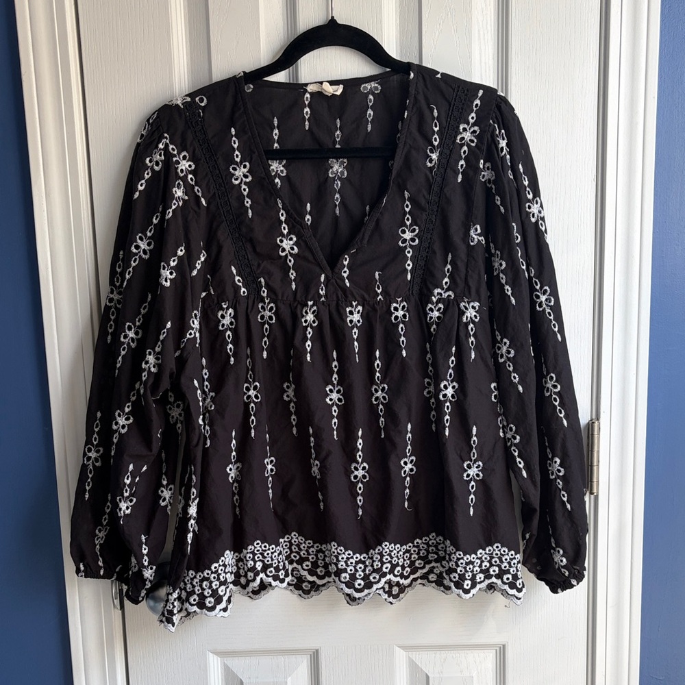Kings Road Cotton Embroidered Eyelet Floral V-Neck Boho Peasant Blouse XL